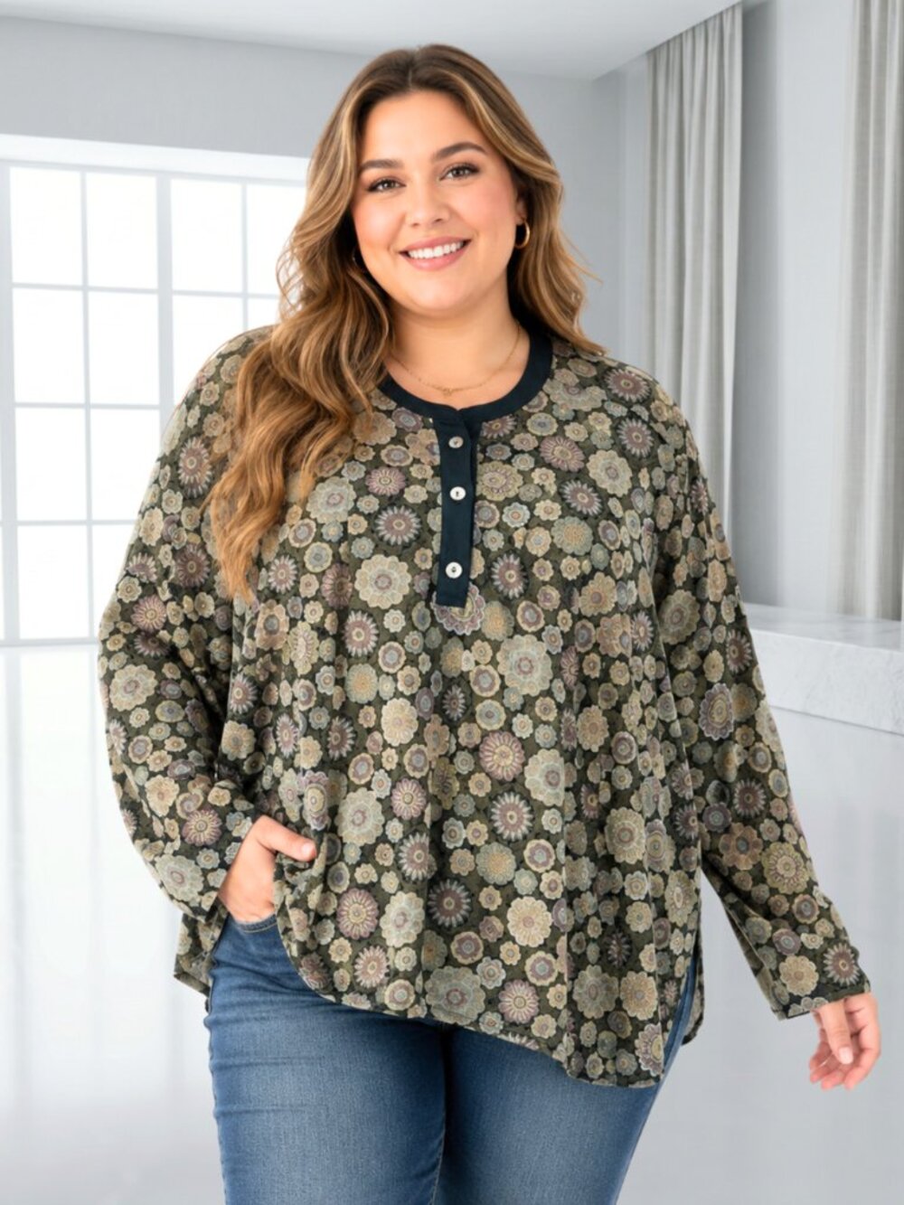 Blumin Apparel Boho Floral Sheer Button Top Tunic Blouse Long Sleeve Colorful